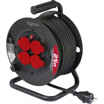 Sygonix SY-10236129 Cable Reel Black Schuko Plug 25m 4 Sockets