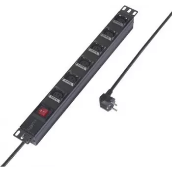 Sygonix SY-6736982 19-inch 6-way Schuko PDU power strip, 1U rack mount, 2m cable, black