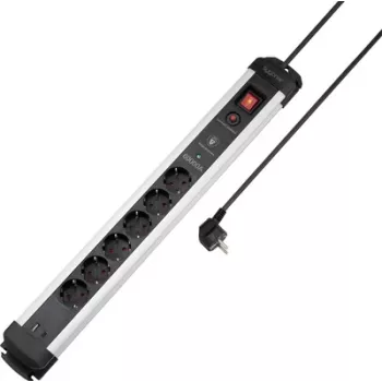 Sygonix SY-6805674 6-Way surge protection power strip with switch, Schuko, 1.5 m cable, black/silver