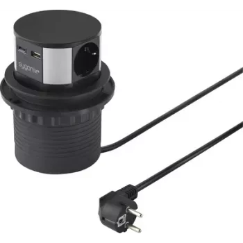 Sygonix SY-6887466 3-way tower power strip, black/silver, 1.5 m cable, 3 Schuko sockets, 3680 W, illuminated switch