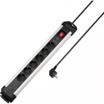 Sygonix SY-6807132 6-Way Surge Protection Power Strip, Black/Silver, 1.5m Cable