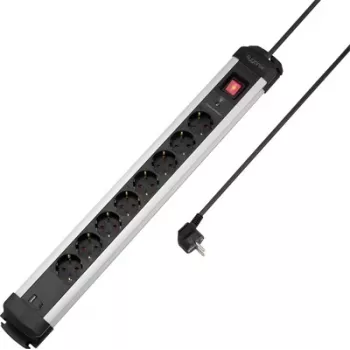 Sygonix SY-6807134 8-Way Surge Protection Power Strip, Black/Silver, 1.5m Cable