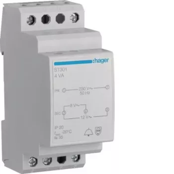 Hager ST301 Doorbell Transformer 230V to 8V/12V AC, 0.5A, DIN Rail