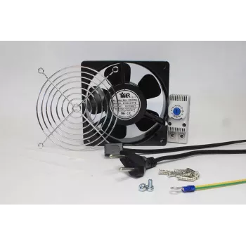 IT-BUDGET complete set IT cabinet fan with thermostat - 160 m³/h airflow - 230 V - 1 fan, guard grille, cable, thermostat, screws (90ITBLUESET1T)