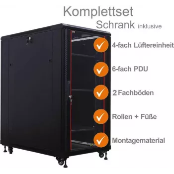IT-BUDGET 19 inch Server Cabinet SRK Complete Set, 27U, 600x1000 mm, Glass/Steel Door, 4 Fans, PDU, Shelves, Assembled, Black 99ITB19SRK27610GSM