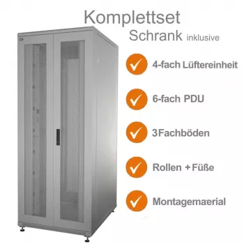 IT-BUDGET 19 inch server rack SRK complete set - 42U - WxD 800x1000 mm - perforated double doors front + rear - 4 active fans - PDU - shelves - assembled - light grey 99ITB19SRK42810DTGM