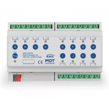 MDT AKS-1210.03 KNX Switch Actuator 12-Fold 8TE DIN Rail 10A 230VAC C-Load Standard 140µF