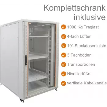 IT-BUDGET 19 inch Server Rack SRK Complete Set - 27U - 800x1000 mm - Glass/Steel Door - 4 Active Fans - PDU - Shelves - Flatpack - Light Grey 90ITB19SRK27810GG