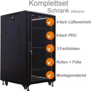 IT-BUDGET 19 inch Network Cabinet SRK Complete Set - 18U, 600x800 mm, Glass Door Front, Steel Door Rear, 4 Active Fans, PDU, Shelves, Pre-Assembled, Black 99ITB19SRK1868GSM
