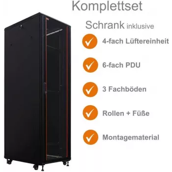 IT-BUDGET 19 inch Network Cabinet SRK Complete Set - 42U - 600x800 mm - Glass/Solid Door - 4 Active Fans - PDU - Shelves - Assembled - Black (99ITB19SRK4268GSM)