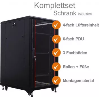IT-BUDGET 19 inch Network Cabinet SRK Complete Set - 22U - 600x800 mm - Glass/Solid Door - 4 Active Fans - PDU - Shelves - Assembled - Black (99ITB19SRK2268GSM)