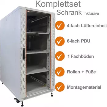 IT-BUDGET 19 inch Network Cabinet SRK Complete Set - 18U - 600x800 mm - Glass/Solid Door - 4 Active Fans - PDU - Shelves - Flatpack - Light Grey 90ITB19SRK1868GG
