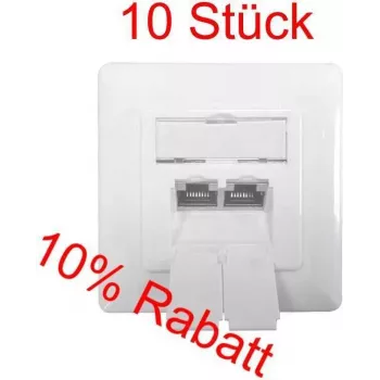 IT-BUDGET VALUE PACK: 10 x Cat.6A data outlet, 2 x RJ45 ports, shielded, horizontal cable entry, PoE+ capable, white (ZAA90ITBDDSW)