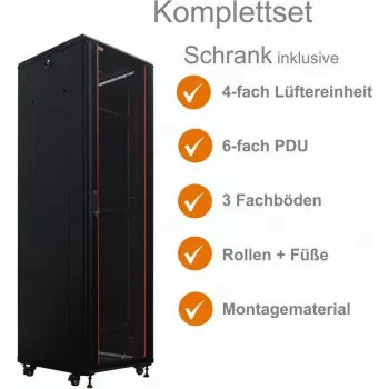 IT-BUDGET 19-inch Network Cabinet SRK Complete Set 38U 600x800mm Glass/Steel Door 4 Active Fans PDU Shelves Flatpack Black 90ITB19SRK3868GS