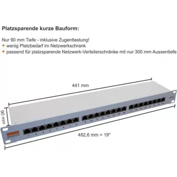 IT-BUDGET 19-inch Patch Panel Profi S - Short Installation Depth - Shielded - Cat.6A - 24 Port - PoE+ Capable - 1U - Light Grey (90ITBPP6A1G)