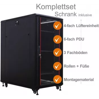 IT-BUDGET 19 inch Network Cabinet SRK Complete Set 27U 600x600mm Glass/Solid Door 4 Fans PDU Shelves Flatpack Black 90ITB19SRK2766GS