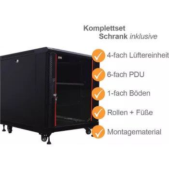 IT-BUDGET 19 inch Server Cabinet SRK Complete Set - 12U - 600x1000 mm - Glass/Steel Door - 4 Active Fans - PDU - Shelves - Flatpack - Black 90ITB19SRK12610GS