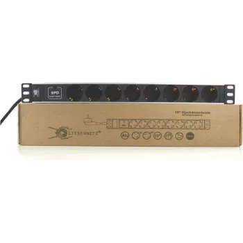 Liebernetz 19 inch Rackmount Power Strip with 8 Schuko Sockets, Surge Protection, 1U, Aluminium, Black 90LNSDL198SSP