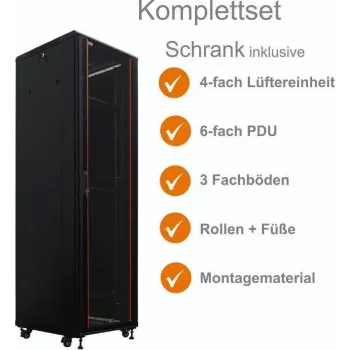 IT-BUDGET 19 inch Network Cabinet SRK Complete Set - 38U - 600x600 mm - glass/steel door - 4 active fans - PDU - shelves - flatpack - Black (90ITB19SRK3866GS)