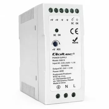 Qoltec DIN Rail Power Supply 60W 24V 2.5A White Slim