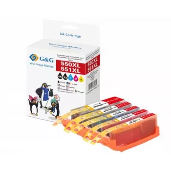 G&G Compatible High Yield Ink Cartridge Set for Canon PGI-550XL/CLI-551XL (5-Pack: Black, Cyan, Magenta, Yellow) 14790