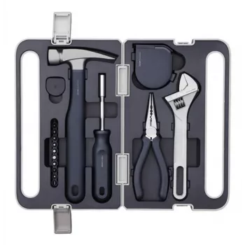 HOTO QWSGJ002 12-in-1 Household Manual Tool Set with Ratchet Screwdriver, Claw Hammer, Pliers, Wrench, Tape Measure, Utility Knife, Voltage Tester, Electrical Tape in ABS Case HTT0018GL