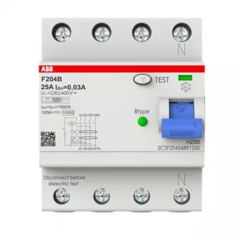 ABB Type B RCCB 4P 25A 30mA 3kA 4 Modules F204B-25/0.03-4TE 2CSF204568R1250