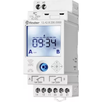 Finder 12A200240000 Digital Astronomical Time Switch, 2-Channel, Daily/Weekly/Astro/Holiday/Pulse Programs, DIN Rail, 230 V AC, 16 A