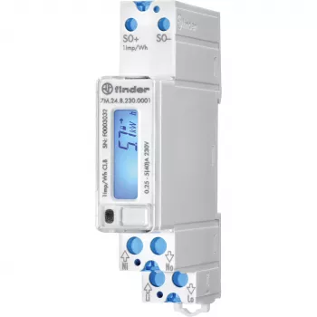 Finder 7M.24.8.230.0001 Single-Phase Digital Energy Meter, 230 V AC, 5(40) A, Class 1, LCD, S0 Pulse Output, DIN Rail, 1 Module, MID Non-Compliant