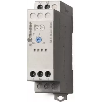 Finder 83.11.0.240.0000 on-delay time relay, 240V AC, 1 CO, 0.05s-100h, DIN rail