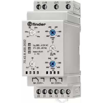 Finder 3-Phase monitoring relay, 380-415 V AC, 2 CO, DIN rail, 35 mm 704284002032