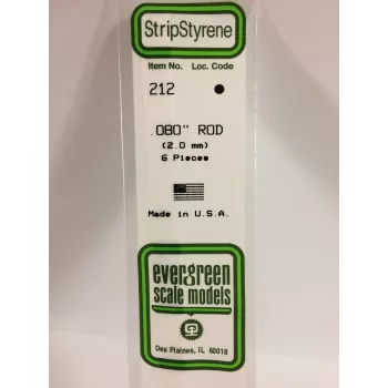 Evergreen 212 polystyrene round rod 2 mm x 350 mm, 6 pieces