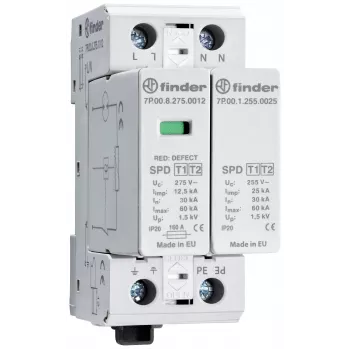 Finder 7P.02.8.275.1012 Type 2 Surge Protection Device, 1-Pole, 275 V AC, 60 kA, DIN Rail