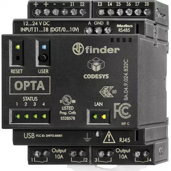 Finder Programmable Logic Relay (PLR) PLC Control Module, 24 V DC, 8 Digital Inputs, 4 Analogue Inputs, 4 Relay Outputs, 8 A, LCD Display, DIN Rail Mounting, 8A.04.9.024.832C