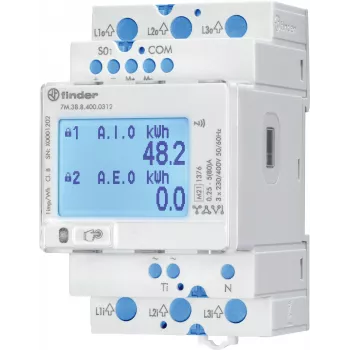 Finder 7M.38.8.400.0312 Three-Phase Energy Meter, Direct Connection, 80 A, Modbus RS485, S0 Pulse, DIN Rail, 4 Modules