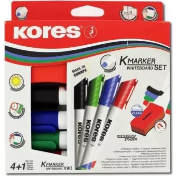 Kores Whiteboard Marker Set, 4 Markers + Eraser, Round Tip, 3.0 mm, Quick-Drying, Assorted Colours M20863