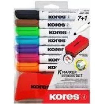 Kores Whiteboard Marker Set, 7 Markers + Eraser, Round Tip, 3.0 mm, Quick-Drying, Assorted Colours (M20866)