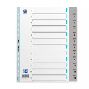Oxford A4 Plastic Register, 12-Part, Numbered 1-12, Grey, PP 0.12 mm, Euro Punching 400033989