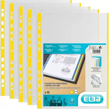 ELBA Document Sleeves A4 with Coloured Edge, PP, Yellow, 0.09 mm, Crystal Clear, Open Top, Euro Punching, 100-Pack (971619-08)