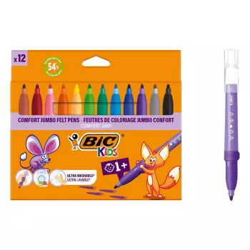 BIC KIDS Comfort Jumbo Felt Pens, Assorted Colours, 12-Pack, 1.4 mm Tip, Washable 517250