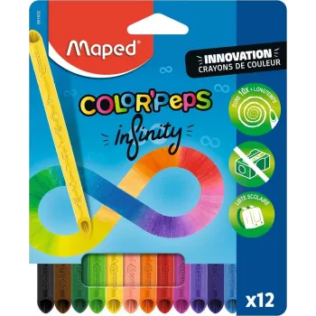 Maped COLOR'PEPS INFINITY triangular coloured pencil set, 12 different colours, lasts 10x longer, 100% pigment core, reusable case 861602