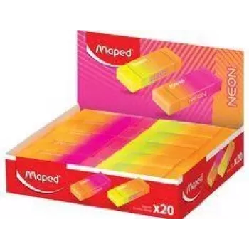 Maped NEON plastic eraser display, 20 pieces, neon orange & neon pink, low-dust, phthalate-free, PVC-free 121901