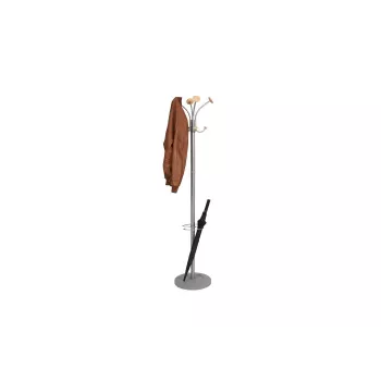 MAUL Stily Coat Stand with Umbrella Holder, Silver, Wooden Hooks, 8 Hooks, 1750 mm 9403270