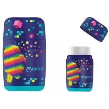Maped Pixel Party eraser & sharpener combo, twin hole, transparent shavings container, assorted colours 049223