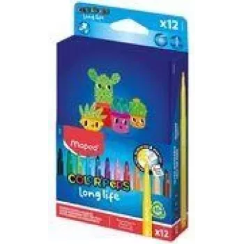 Maped COLOR'PEPS Long Life 2 felt-tip pens, 12 assorted colours, 1.5 mm medium round tip, ventilated safety cap, washable ink, cardboard case 844006