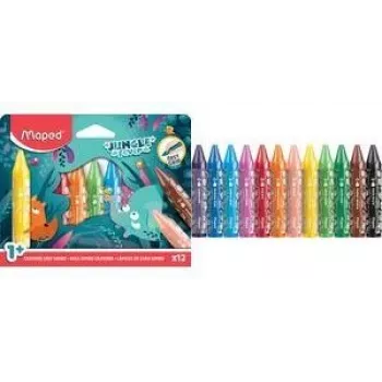 Maped Jungle Fever Jumbo Triangular Wax Crayons, 12 Assorted Colors, Animal Motifs, Cardboard Case, Ages 1+