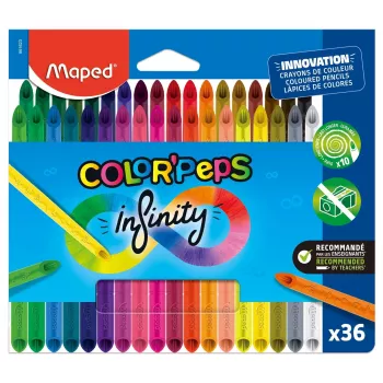 Maped COLOR'PEPS INFINITY Triangular Coloured Pencils, 36 Different Colours, Wood-Free, 100% Pigment Core, 10x Longer Lasting, Ergonomic Case 861623