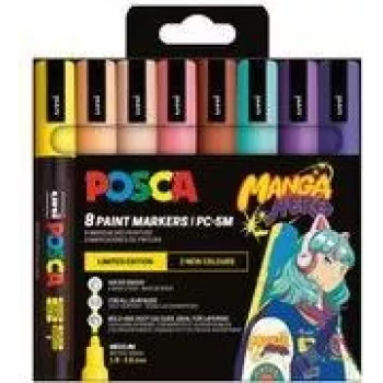 POSCA PC-5M Pigment Marker Set, 8 Colours, Manga Hero, Medium Round Tip, Waterproof, Light-Resistant, Odourless PC5M/8APF ASS74