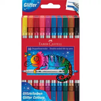 FABER-CASTELL Glitter Dual-Tip Fibre Pens, 10 different colours, washable, 3-5 mm & 1 mm tips 151107