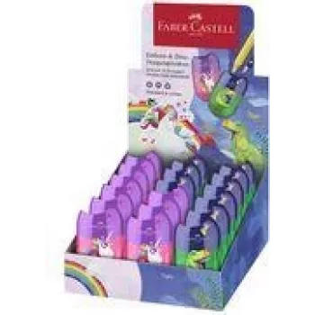 FABER-CASTELL Double Sharpener Box Dino/Unicorn, display with shavings container for easy and clean sharpening, 18 pieces (183551)